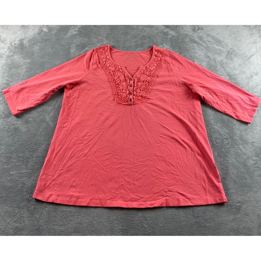 Catherines Suprema Coral Pink Crochet Lace Henley Top 3/4 Sleeve Women 0X‎ Plus